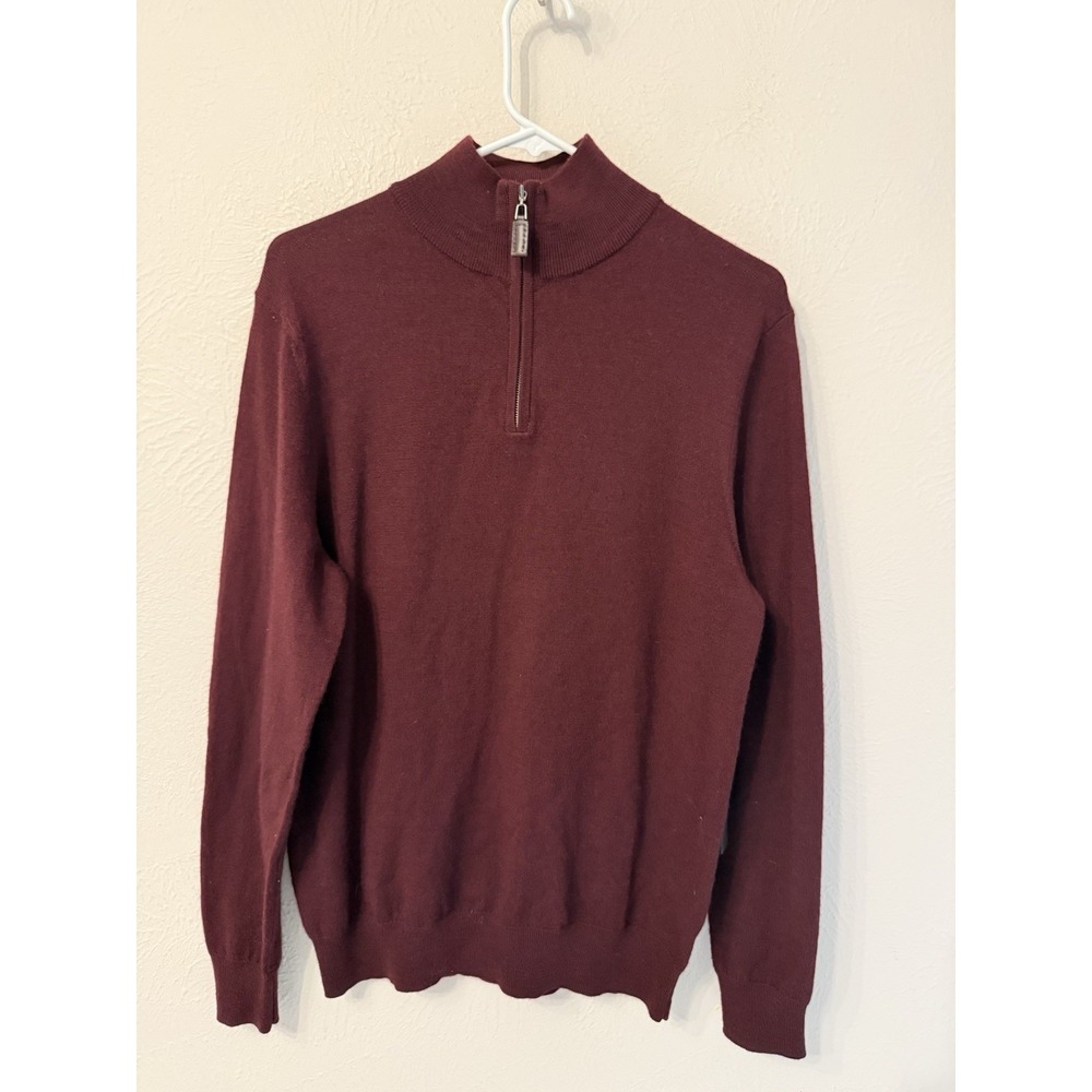 NWT Tahari 100% Extrafine Merino Wool 1/4 zip mock neck sweater men's M burgundy